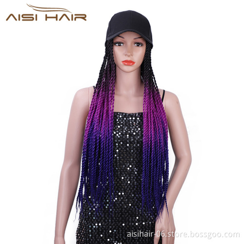 Aisi Hair Vendor Baseball Hat With Long Ombre Purple Twist Crochet Braiding Hair Extension For Black Women Synthetic Hair Wigs